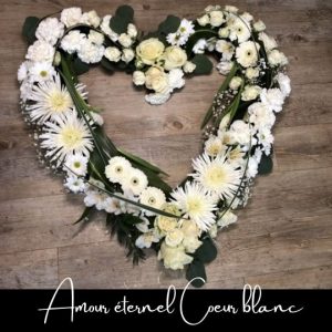 Coeur funéraire blanc Fleuriste foliole bouquet fleurs amour eternel coeur